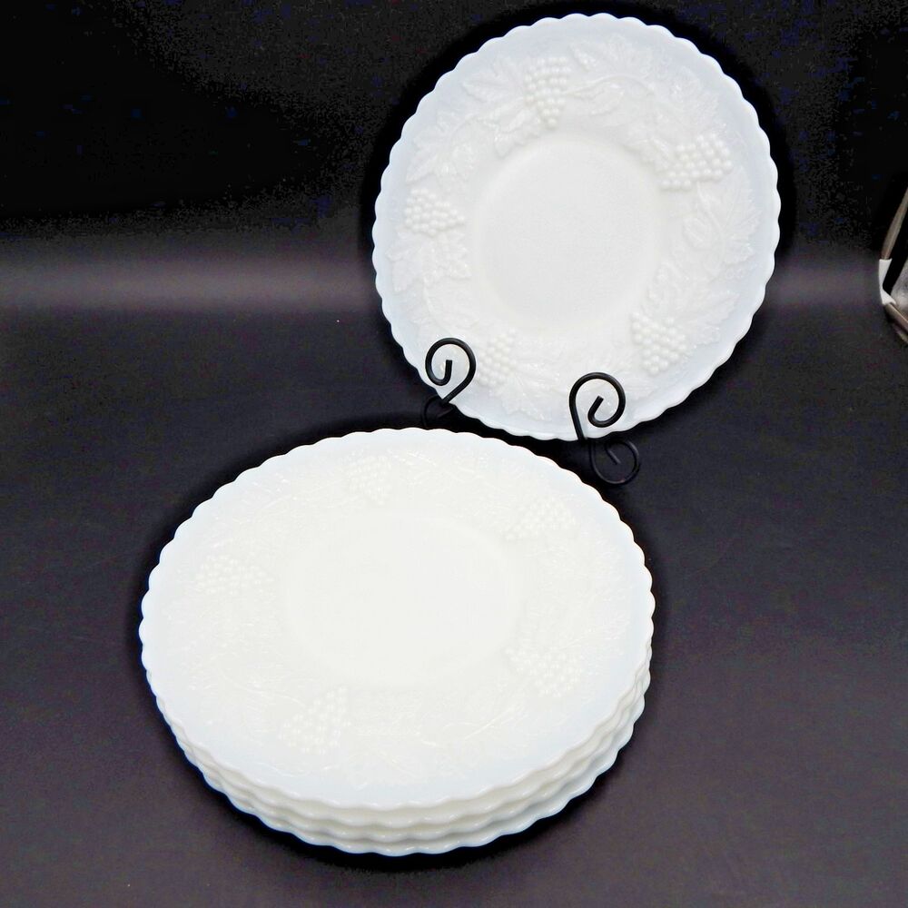 Imperial Glass Dinner Grape Vines 9-1/2" Milk Glass Set Of 5 Embossed